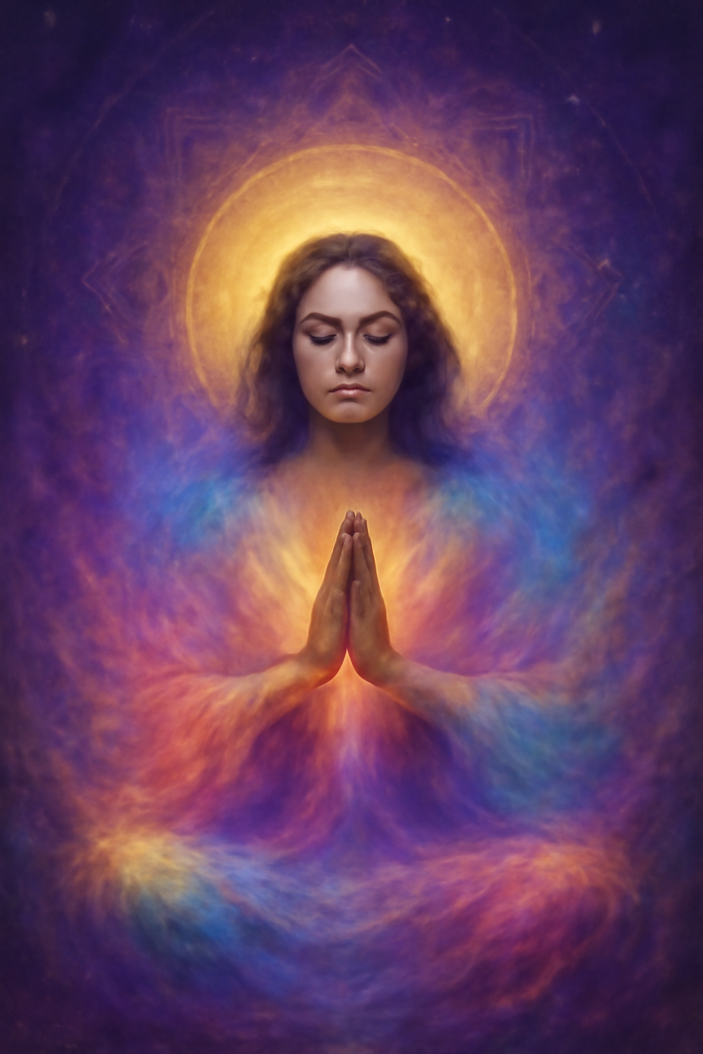Radiant multi-colored aura surrounding a meditating figure